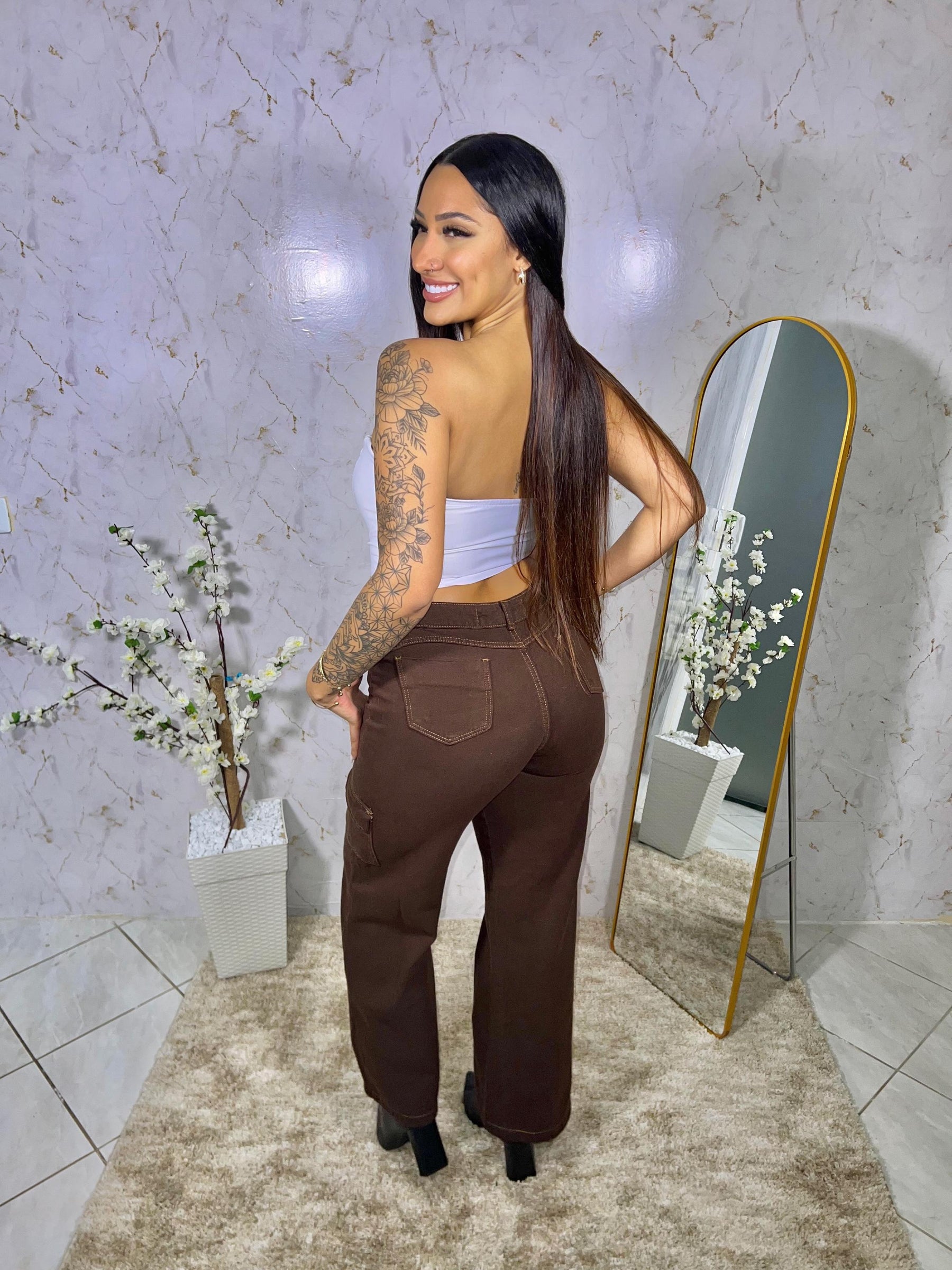 Calça Jeans Cargo Marrom Feminina