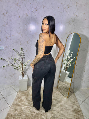 Calça Jeans Cargo Grafite Feminina