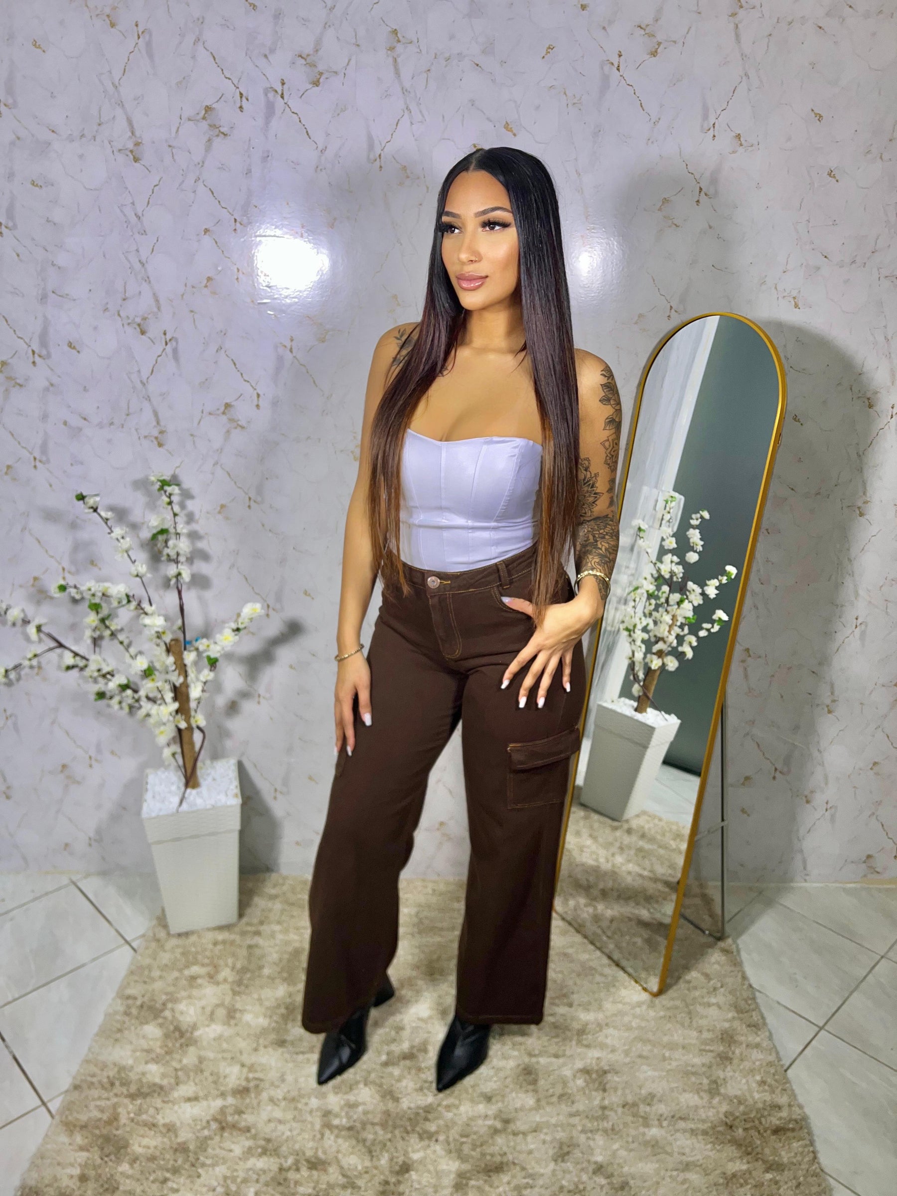 Calça Jeans Cargo Marrom Feminina